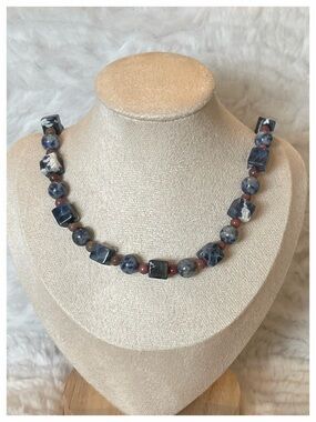 24” Sodalite Jasper Cube & Round Beads Boho Statement Beaded Necklace Jewelry